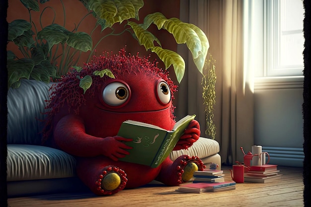 Grand monstre mignon rouge lit des livres dans la chambre avec des plantes génératives ai