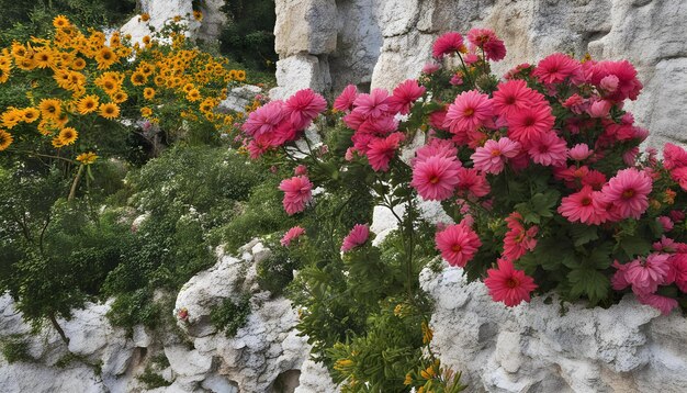 un grand mur de roche avec des fleurs qui y poussent