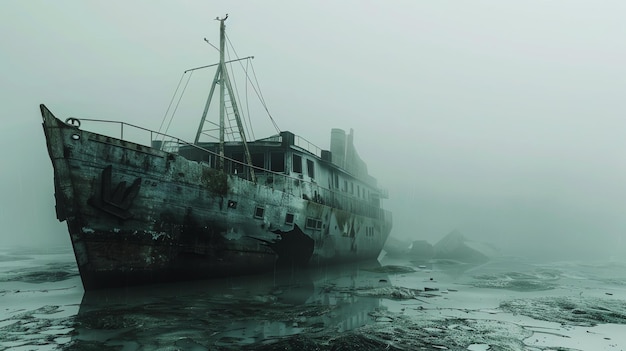 Un grand navire abandonné se trouve dans une masse d'eau gelée peu profonde. Le navire est rouillé et en ruine. L'eau est trouble et couverte de glace.