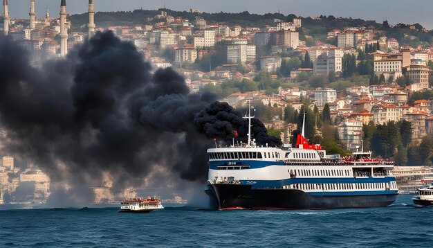 un grand navire bleu et blanc avec une fumée noire s'éloignant de lui