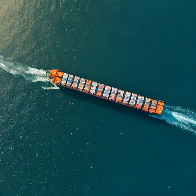 un grand navire-container orange et noir avec un couvercle rouge