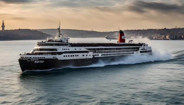 un grand navire de croisière est dans l'eau avec les mots le nom sur le côté