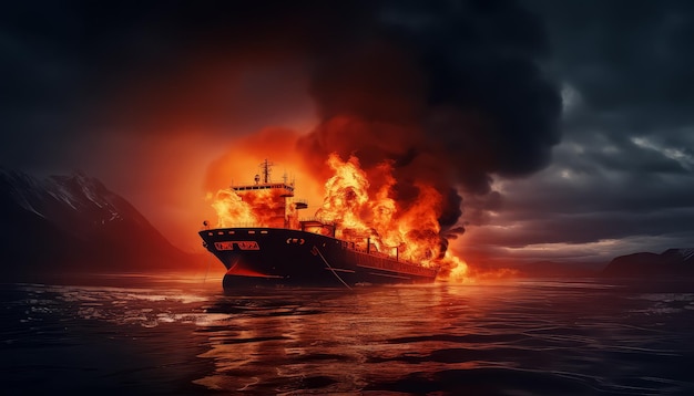 Un grand navire est en feu dans l'océan.