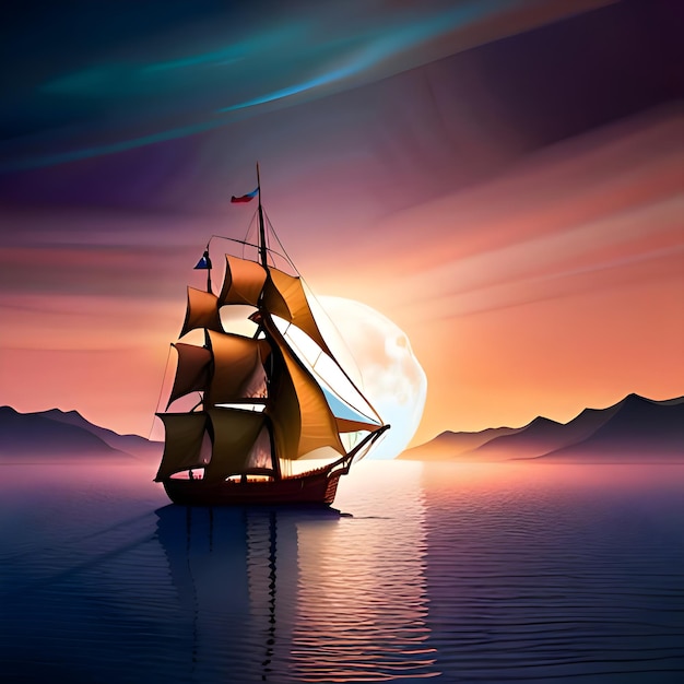 Un grand navire navigue à travers les mers éclairées par la lune les nuages les étoiles de la lune la lumière du néon l'art dans l'obscurité de la nuit