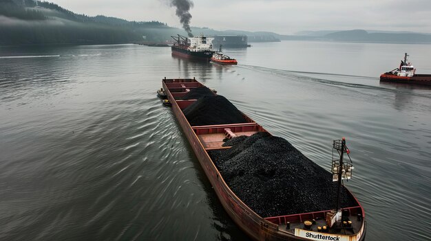 Photo un grand navire transporte du charbon et un navire est dans l'eau