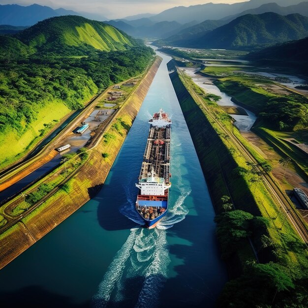 Photo un grand navire voyage le long d'une rivière