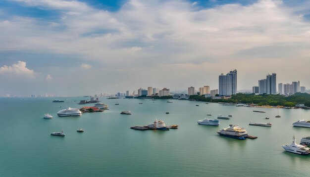 Photo un grand nombre de bateaux dans l'eau avec une ville en arrière-plan