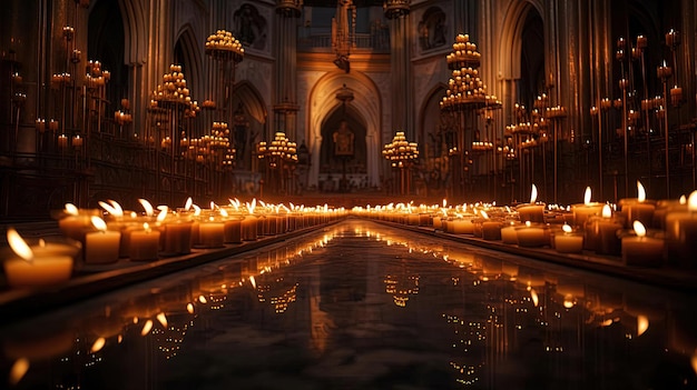 un grand nombre de bougies sont allumées dans une église sombre dans le style de la lumière dorée