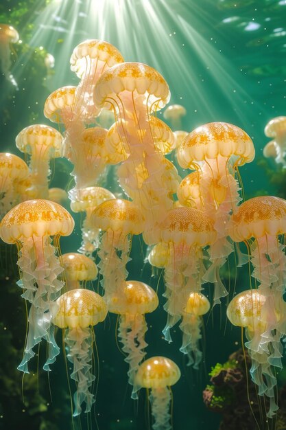 Photo un grand nombre de méduses nageant sous l'eau