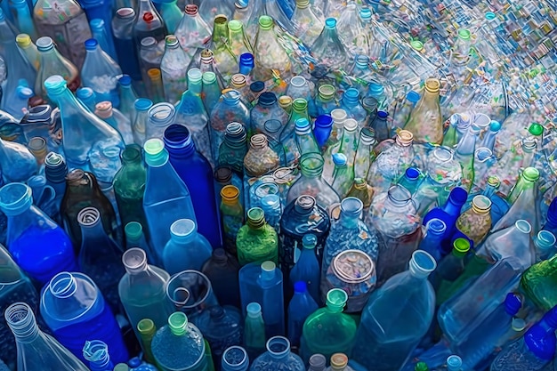 Photo un grand nombre de réseaux neuronaux de bouteilles de déchets en plastique générés par l'ia