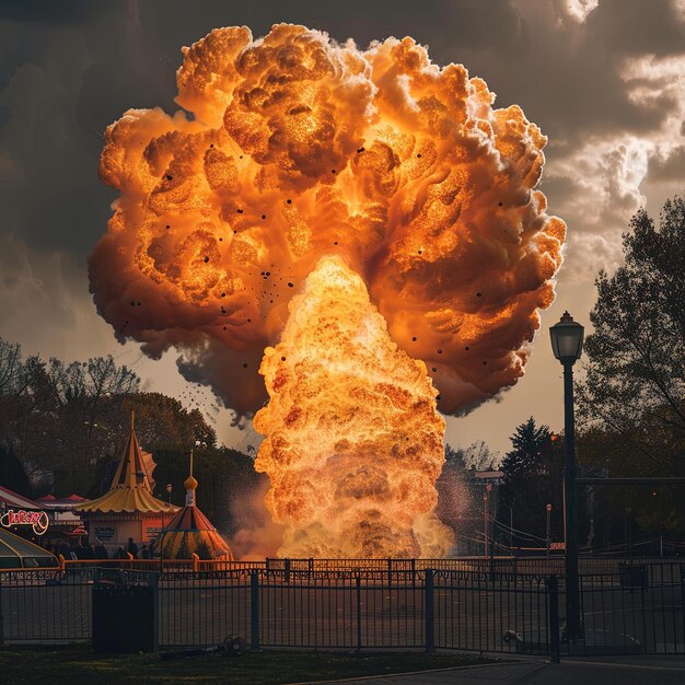 un grand nuage de fumée s'élève au-dessus d'un manège de carnaval