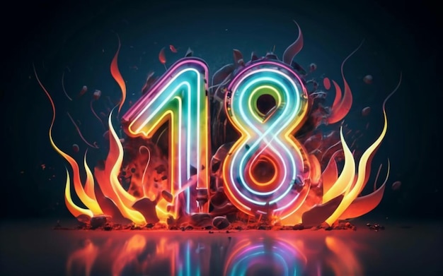 Le grand numéro 18 avec des néons et des flammes colorées en arrière-plan.