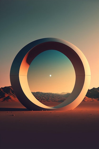 Grand objet circulaire assis au milieu d'une ai générative du désert
