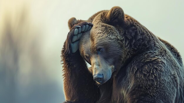 Un grand ours brun est assis sur un rocher au milieu d'une forêt.