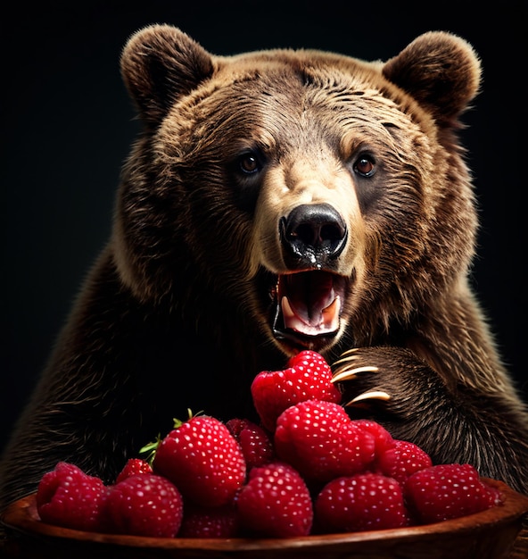 Grand ours brun avec des framboises dans un bol sur un fond noir ours brun