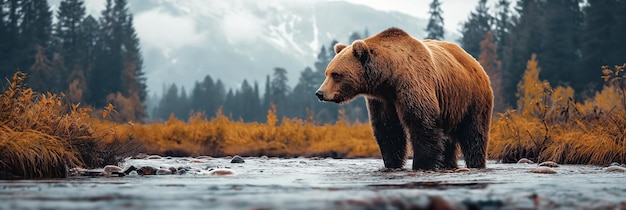 grand ours brun grizzly sur l'eau d'une rivière forestière en été paysage naturel sauvage panoramique