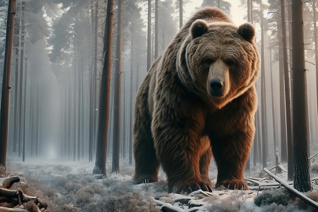 Un grand ours brun se tient dans une forêt enneigée.