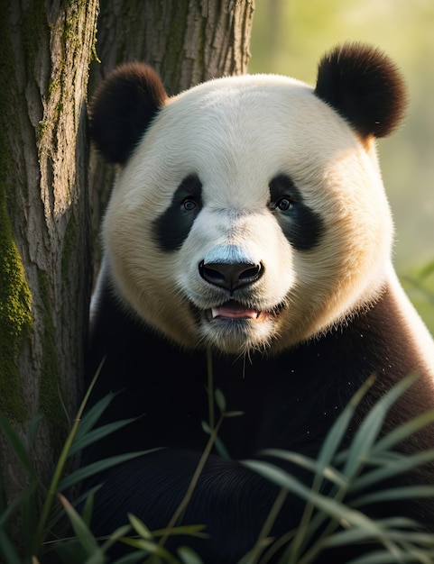 Photo un grand ours panda sur un arbre dans la forêt.