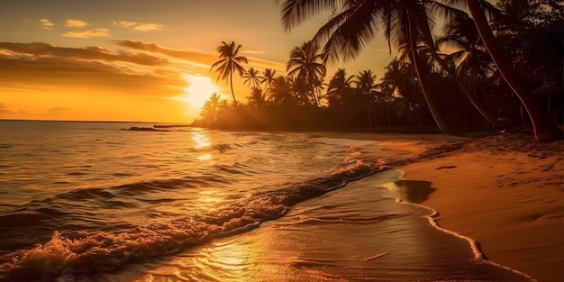 Grand palmier dans un paradis tropical au coucher du soleil Concept de voyage et de style de vie Côte de sable doré