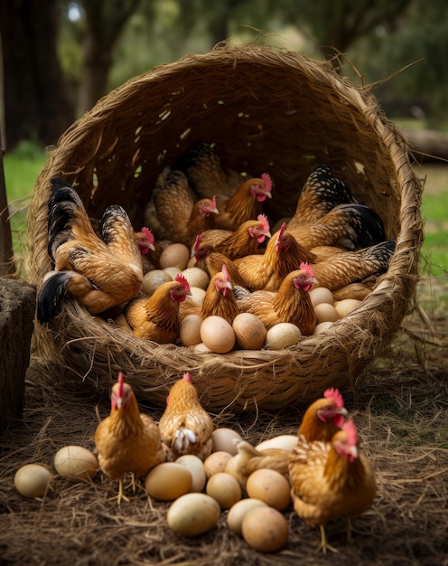 Un grand panier confortable pour les poules rouges pour faire éclore les œufs Concept d'aviculture AI générative