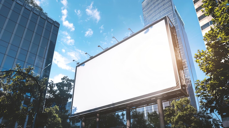 Photo un grand panneau d'affichage blanc au milieu d'une ville animée