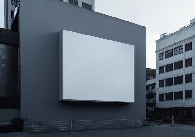 Un grand panneau d'affichage blanc sur un mur gris avec un bâtiment en arrière-plan.