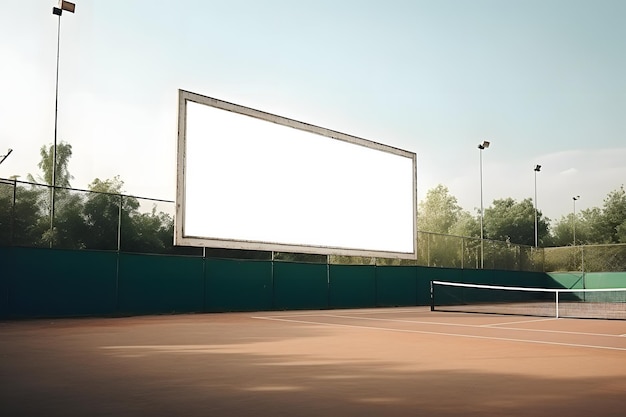 Grand panneau d'affichage blanc vide avec maquette sur un court de tennis extérieur IA générative