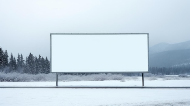 Un grand panneau d'affichage blanc vide se trouve au bord de la route sur fond de paysage hivernal Copier le fond d'une bannière spatiale pour la publicité