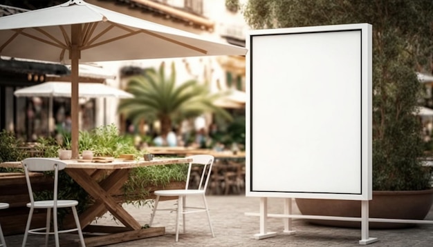 Un grand panneau d'affichage dans une cour avec une table et des chaises et des parasols.