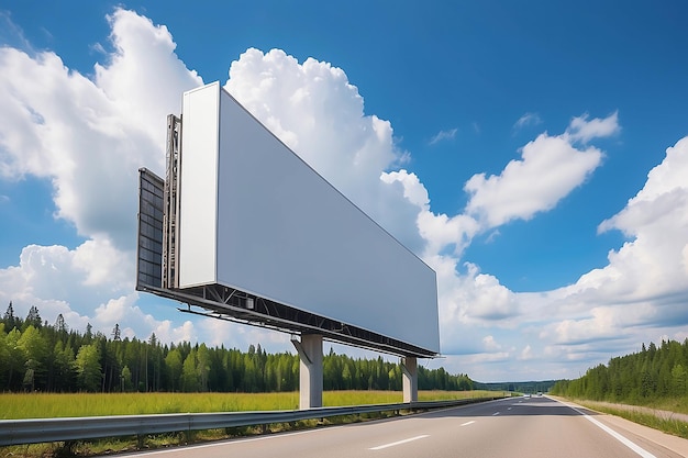Photo un grand panneau d'affichage vide le long d'une autoroute avec une forêt en arrière-plan
