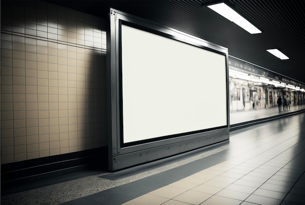 Un grand panneau d'affichage vierge sur un mur dans une station de métro