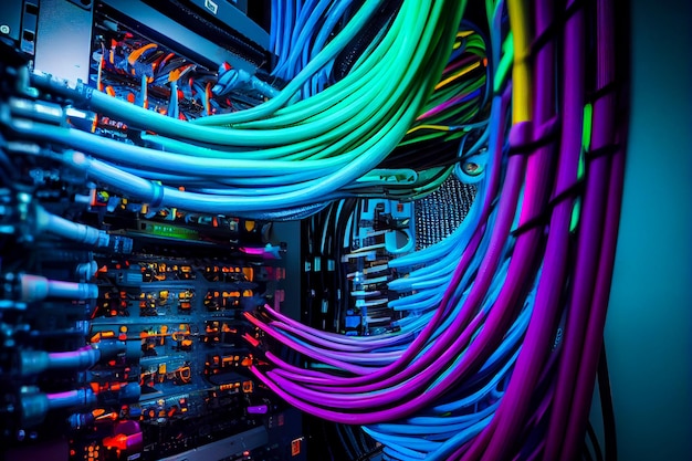 Photo un grand panneau électrique avec de nombreux fils et une lumière bleue et verte.