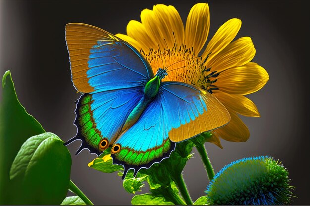 Grand papillon jaune sur une belle fleur bleue aux pétales verts et à la tige
