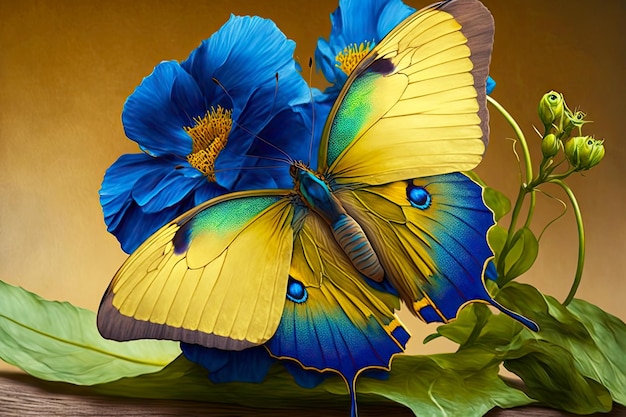 Grand papillon jaune sur une belle fleur bleue aux pétales verts et à la tige