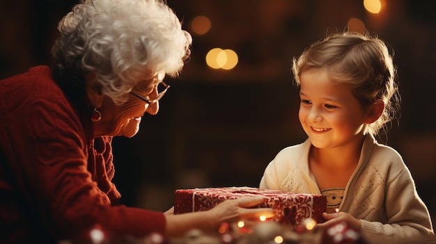 Un grand-parent mûr heureux avec une boîte cadeau avec un cadeau de son petit-fils