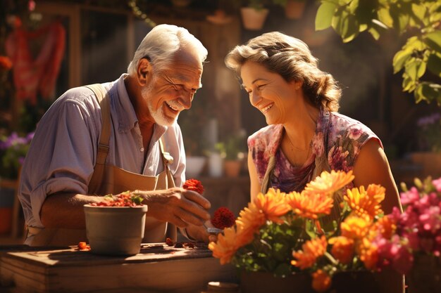 Grand-parents grand-mère et grand-père avec les petits-enfants dans le jardin plantes de noyau ensoleillé flore botanique plaisir fleurs de légumes souriants