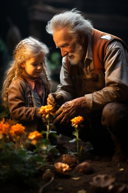 Grand-parents grand-mère et grand-père avec les petits-enfants dans le jardin plantes de noyau ensoleillé flore botanique plaisir fleurs de légumes souriants