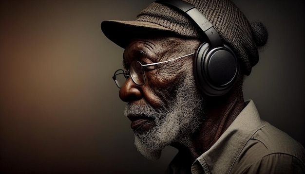 Grand-père est un vieil homme noir cool portant des écouteurs et écoutant de la musique IA générative