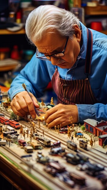 Un grand-père expérimenté créant des modèles miniatures de trains et de gares couleurs humides