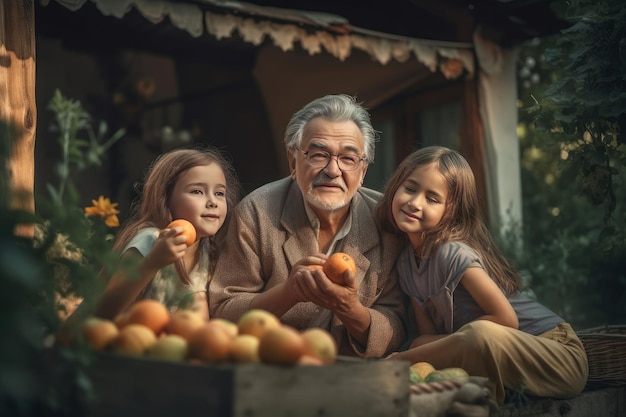 Grand-père avec le jardin de la maison de ses petites-filles Exercice extérieur Générer Ai