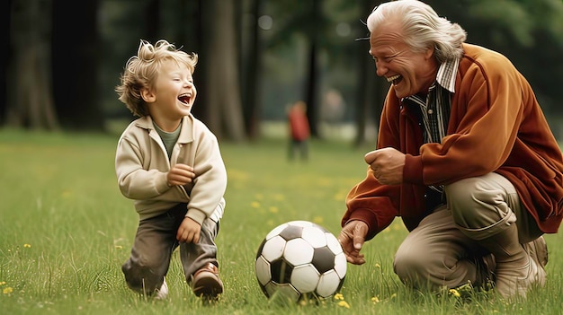 Le grand-père joue au football avec son neveu.