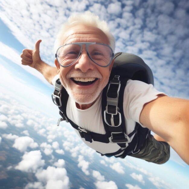 un grand-père montrant du courage et s'amusant en saut en parachute prise en grand angle ai générative