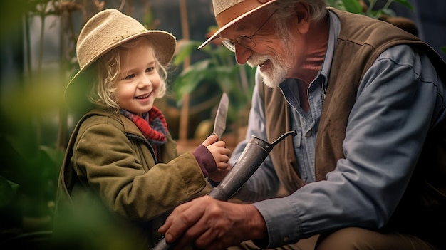 Grand-père montre à sa petite-fille comment prendre soin du jardin et des plantesCréé avec la technologie Generative AI