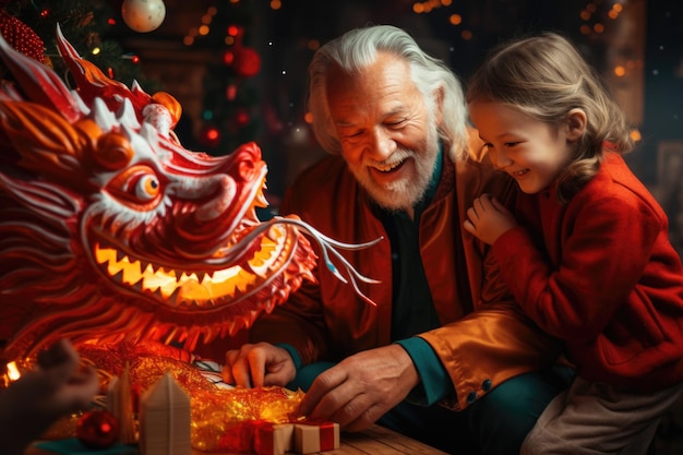 Un grand-père et un petit-fils heureux font des cadeaux de Noël près du symbole du dragon de 2024 sur le fond de l'arbre de Noël