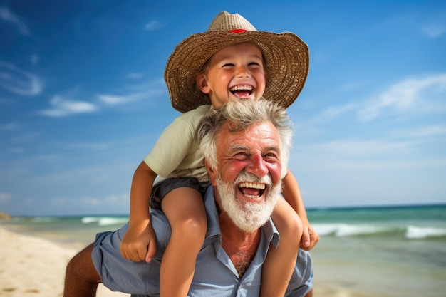 Un grand-père et un petit-fils heureux s'amusant sur la plage Le concept de famille amicale Un homme âgé heureux et son petit-fil sur la plague en été Généré par l'IA