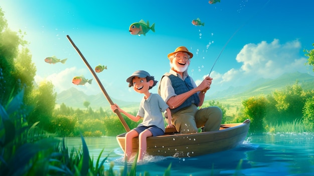 Grand-père et petit-fils pêchent ensemble au coucher du soleil Generative AI