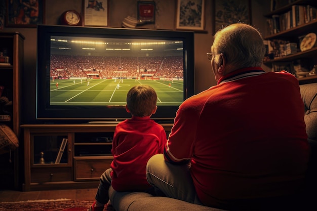 Grand-père et petit-fils regardent un match de football à la télévision dans le salon à la maison