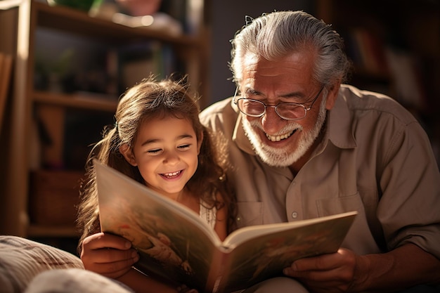 Grand-père et petite-fille hispaniques assis sur le sol de la chambre des enfants à lire un livre ensemble