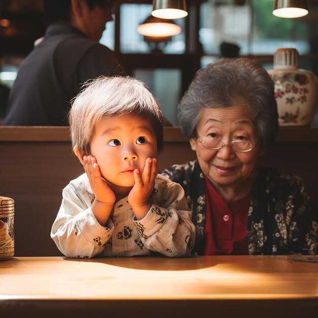 Photo grand-père et petits-enfants asiatiques dans un restaurant