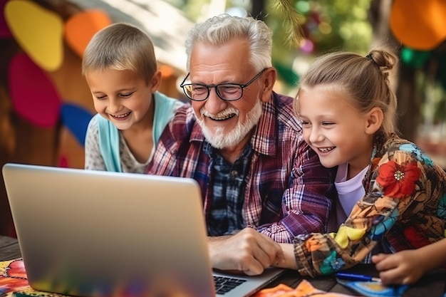 Grand-père avec petits-enfants et chemise colorée utilisant une famille d'ordinateurs portables Generative AI